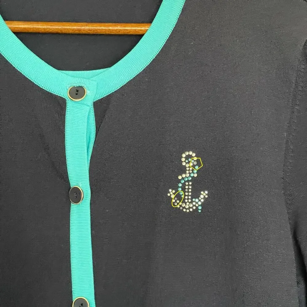 Alfred Dunner Sweater Cardigan Built In‎ Shirt Top Size L Blue Nautical Coastal